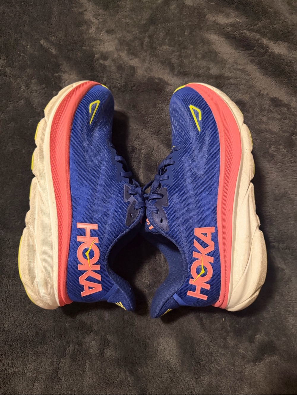 Hoka Clifton 9 Blue and Pink Athletic Sneakers with Yellow Accents